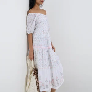 bombay paisley white floral pattern cotton tiered dress